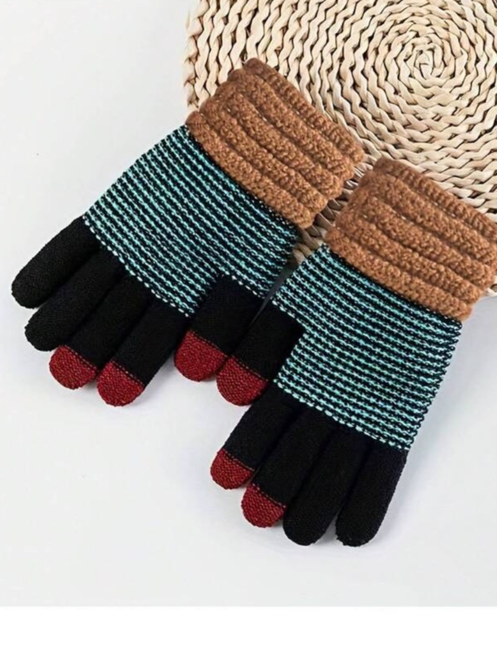 Colorful Knit Gloves with red Tips